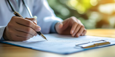 A doctor is writing on medical documents, with a focused shot and a blurred background. The close-up shows the hands holding a pen and paper