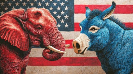 Red elephant vs blue donkey in an intense symbolic battle, digital art, vibrant American flag background, high contrast, cinematic style