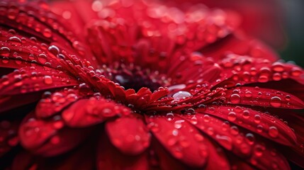 Vibrant Red Gerbera Daisy Covered in Glistening Water Droplets - Close-up Nature Photography