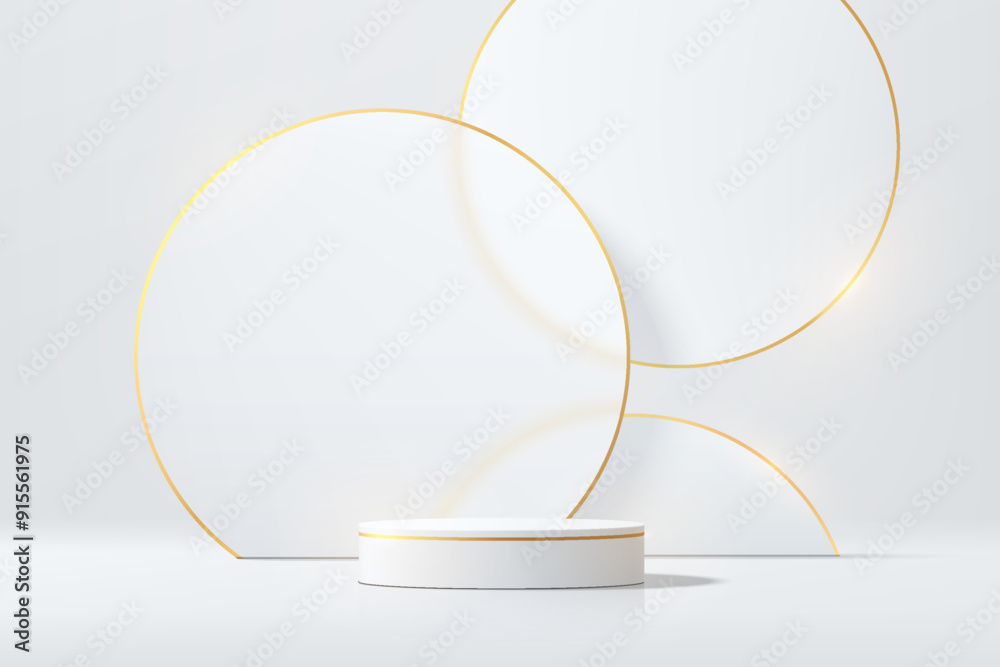 Canvas Prints realistic white 3d cylindrical podium background with floating overlap circles gold lines. minimalis