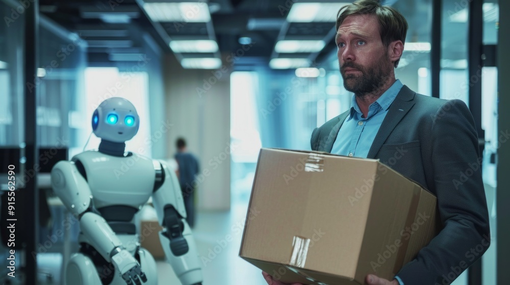Poster A man is holding a box while a robot stands behind him