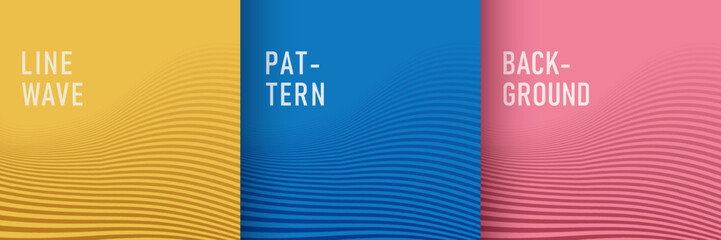 Set of abstract yellow, pink, blue curve wave lines stripes textures background. Simple flat minimal pattern design with copy space. Use for cover template, poster, web banner, Print ad. Vector EPS10.