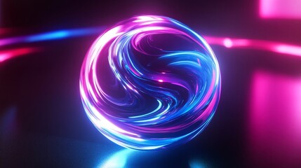 Stunning abstract neon energy sphere depicted with waves of glowing particles against a dark background.
