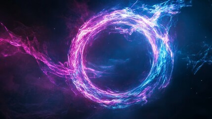 Naklejka premium On a dark background, a mysterious neon energy sphere glows with glowing particles and waves