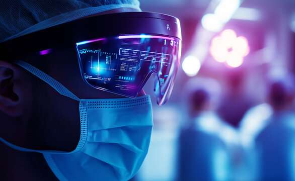 Surgeon wearing an augmented reality headset during a futuristic medical procedure.