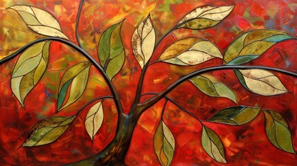 Abstract Painting of Leaves in Red and Gold.