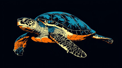 Fototapeta premium Graphic illustration of a wild turtle on a black background. The turtle is depicted in bright blue and orange tones, creating a strong contrast with the background