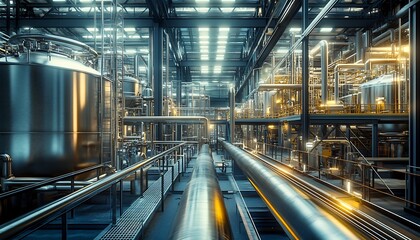 Fototapeta premium Detailed 3D Model of Ethylene Glycol Production Facility with Storage Tanks and Pipelines