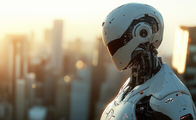 Fototapeta premium Futuristic white robot with a sleek design overlooking a modern city skyline.
