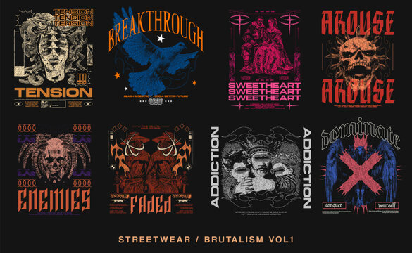 Streetwear Vector T-shirt Design Bundle, Urban Graphic T shirt Set. Brutalism Streetwear T shirt Design for Print on Demand, Brutalism Design Set. Urban T-shirt Design