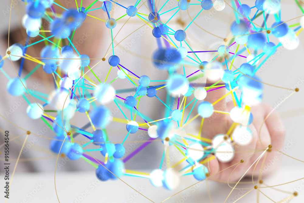 Poster Neural network 3D illustration. Big data and cybersecurity