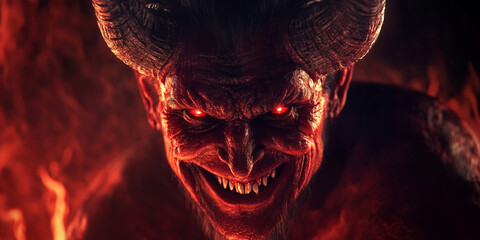 A red demon face glowing in the dark, laughing maniacally