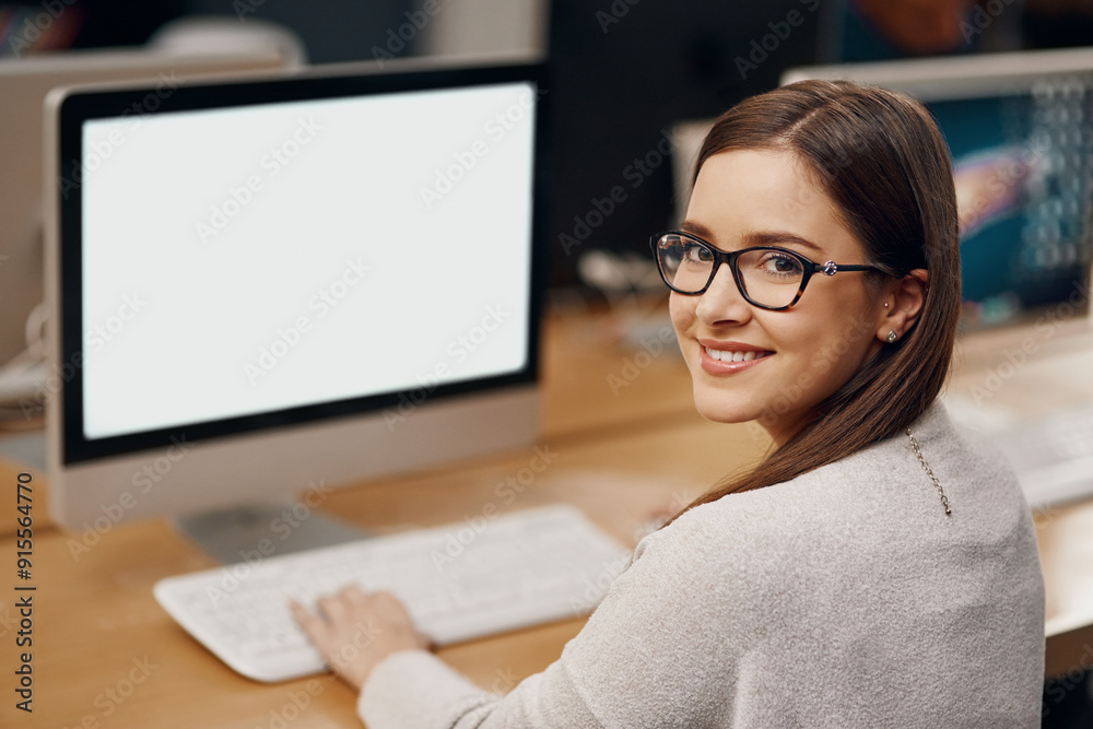 Poster computer screen, learning and portrait of girl student in library of school for assignment or resear