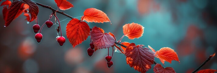 Bright autumn leaves and red berries attached to a branch, set against a softly blurred background with a gradient effect.