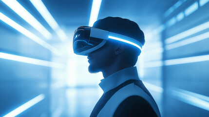 Person wearing a VR headset interacting in a futuristic, neon-lit environment.