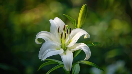 Fototapeta premium Pure White Lily Blossom with Vibrant Green Stem Close-Up in Natural Light