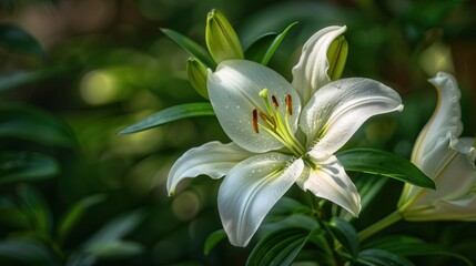 Fototapeta premium Fragrant Beauty - Close-up of a Delicate White Lily Flower in Full Bloom with Fresh Green Stem in Soft Focus