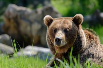 Obraz premium A close-up image of a bear laying on green grass, surrounded by nature with trees in the background.