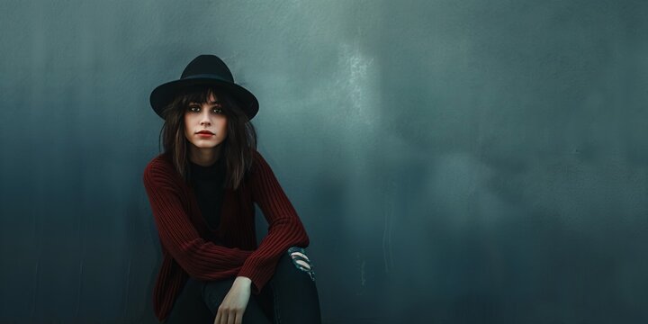 A woman wearing a dark hat and red sweater sits against a gray wall, embodying a pensive and stylish mood.