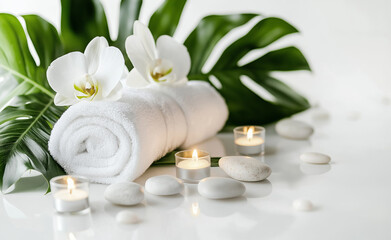 Spa scene with rolled white towels, orchids, candles, and smooth stones arranged on a reflective surface.