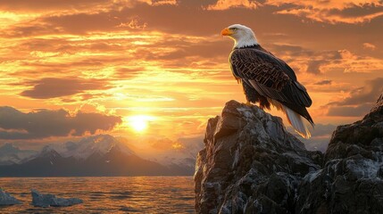 Fototapeta premium A majestic eagle perched on a rock, gazing at a stunning sunset over the ocean, capturing nature's beauty and tranquility.
