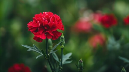 Close-up of a red carnation with green leaves 