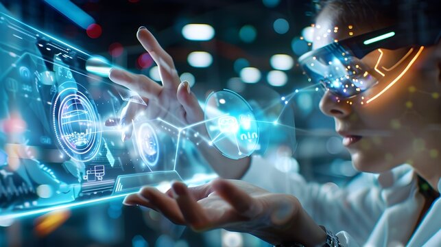 Woman using futuristic technology with augmented reality glasses.