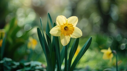 Obraz premium Vibrant Close-up of Yellow Daffodil Flower with Lush Green Leaves in Spring Garden