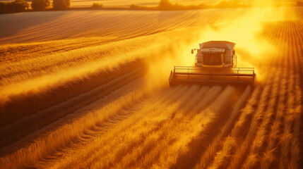 Fototapeta premium Aerial view of a combine harvester working in a golden wheat field at sunset.