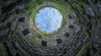 Stone well interior with moss-covered walls leading to a cloudy blue sky