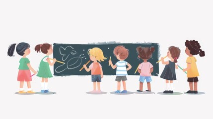 Fototapeta premium Cute Children Drawing on Chalkboard - School Art Illustration