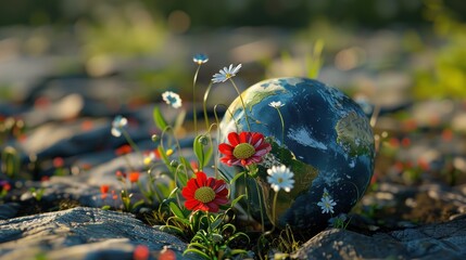 Earth Globe Nestled Among Flowers.