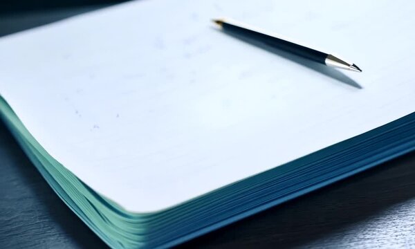 Blank Notebook and Pen: A minimalist composition showcasing a pristine white notebook with a sleek black pen, ready for inspiration and creativity.  The clean lines and simple setup evoke a sense of c