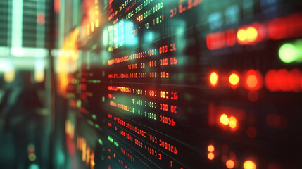 Abstract red and green digital code on a screen with blurred figures in the background.