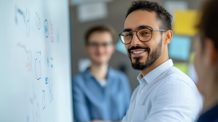 A smiling man in glasses presents ideas on a whiteboard during a collaborative team meeting in a modern office environment.