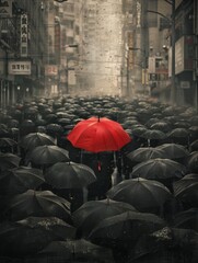A crowd of people with black umbrellas, but among them stands a person with a red umbrella