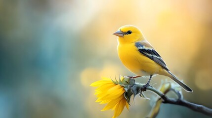 Fototapeta premium A Goldfinch perched on a blooming sunflower, with its vibrant yellow and black feathers creating a striking contrast against the golden petals