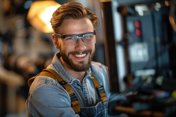 Fototapeta premium Laughing young male electrician in overalls, wearing eyeglasses, checking television with a well-groomed beard.