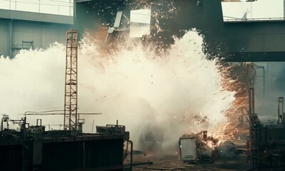 Industrial Inferno: A catastrophic explosion rocks a steel mill, engulfing the factory floor in a fiery maelstrom of debris and destruction. 