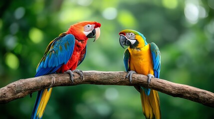 Two colorful macaws perched on a branch in a lush green forest.