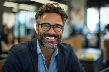 Laughing businessman with well groomed beard and eyeglasses at work in the office, looking up from his desk at the camera.