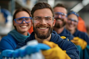 Fototapeta premium Portrait of three laughing workers, male worker with a well-groomed beard, wearing eyeglasses, holding cleaning equipments.