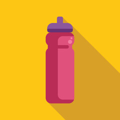 Pink water bottle for sports and outdoor activities with long shadow on yellow background, reusable bottle for gym and fitness