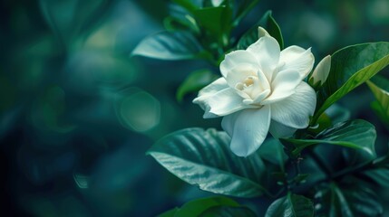 Fototapeta premium Elegant White Gardenia Flower in Close-up View with Lush Green Leaves