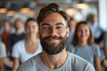 Fototapeta premium Smiling young businesspeople doing yoga in office, some wearing eyeglasses and a well-groomed beard on a male participant.
