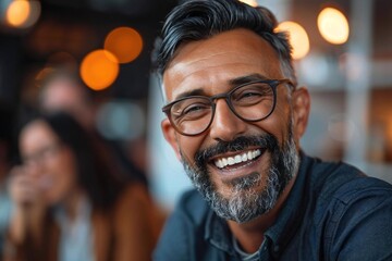 Obraz premium Businessman with well groomed beard laughing and wearing eyeglasses discussing with colleagues in meeting at desk.