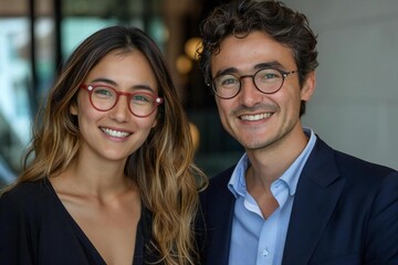Two businesspeople wearing eyeglasses laughing during an interview in the office.