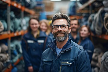 Obraz premium Collage of professional cleaners. Diverse group of people portraits, some wearing eyeglasses and laughing. Male with well-groomed beard included.