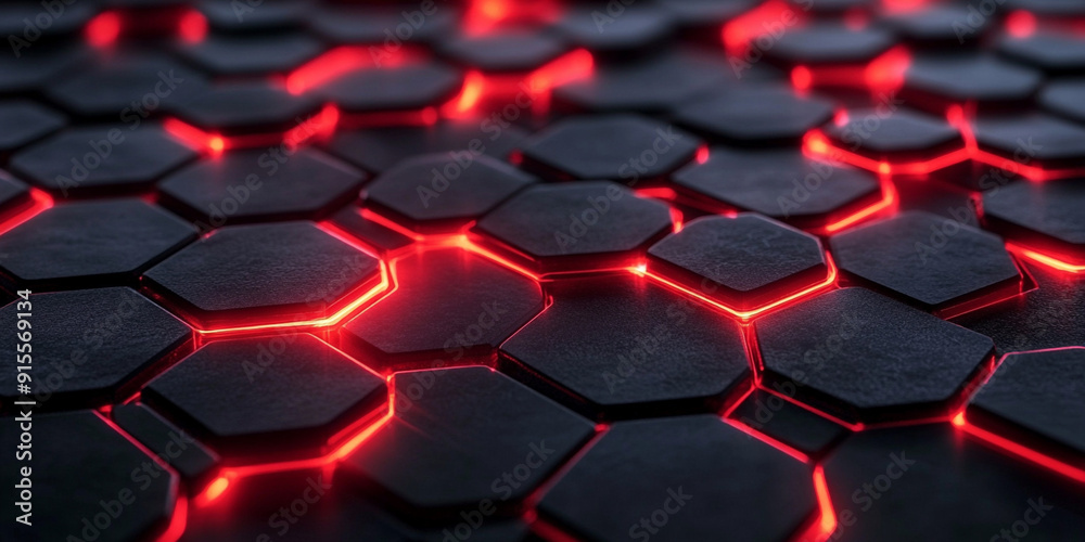 Wall mural 3d render of black hexagons with red glowing edges on the surface