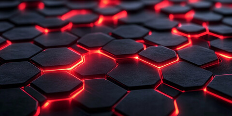 Fototapeta premium 3D render of black hexagons with red glowing edges on the surface